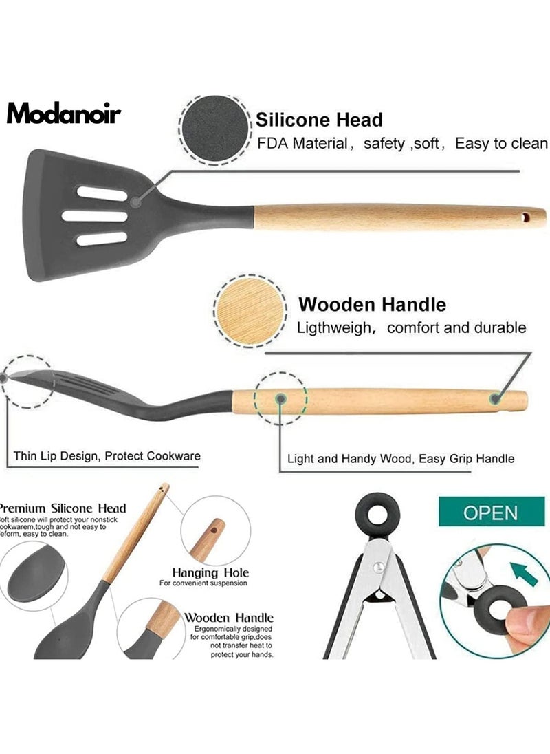 MODANOIR Modanoir 11-Piece Silicone Cooking Utensils Set With Wooden Handles Metal Container, Cookware,Kitchen Utensils,Spatula,Silicone Utensils, Nonstick Cookware, Heat Resistance Black  - Image 3