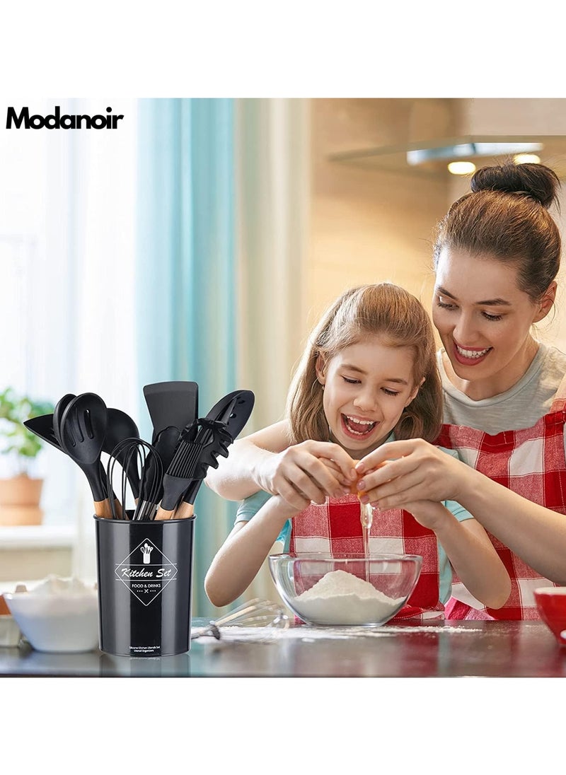 MODANOIR Modanoir 11-Piece Silicone Cooking Utensils Set With Wooden Handles Metal Container, Cookware,Kitchen Utensils,Spatula,Silicone Utensils, Nonstick Cookware, Heat Resistance Black  - Image 4