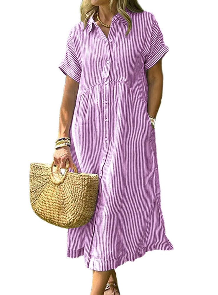 chouyatou Women's Summer Striped Midi Long Shirt Dress Casual Loose Short Sleeve Button Down Dress (3X-Large, Purple)