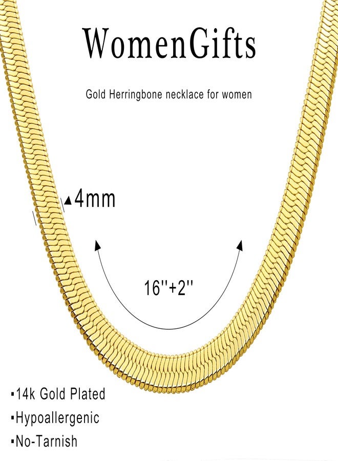 WomenGifts 14K Gold-Filled Herringbone Necklace for Women - Dainty Snake Chain Choker, Trendy Simple Long Layered Jewelry Non Tarnish, 14-18 Inch Thin & Chunky Options, Gift for Her, Brass, No - Image 4