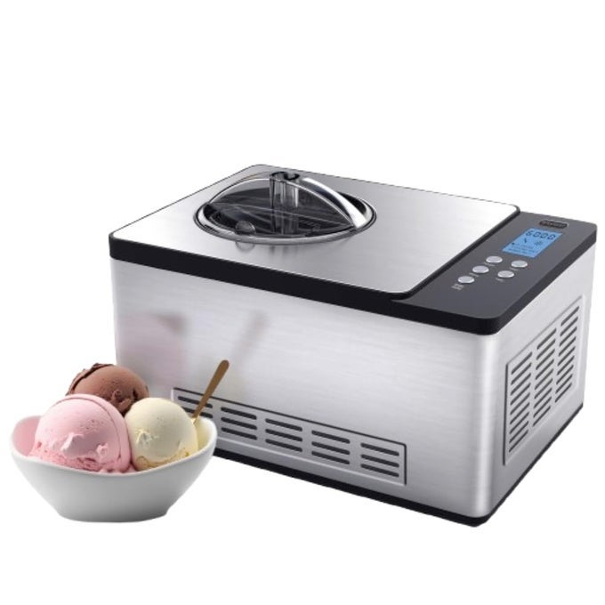 ICE CREAM MAKER MACHINE YOGURT AUTOMATIC 2 QT WITH BUILTIN COMPRESSOR LCD DIGITAL DISPLAY TIMER NO PREFREEZING ICM220SSY STAINLESS STEEL