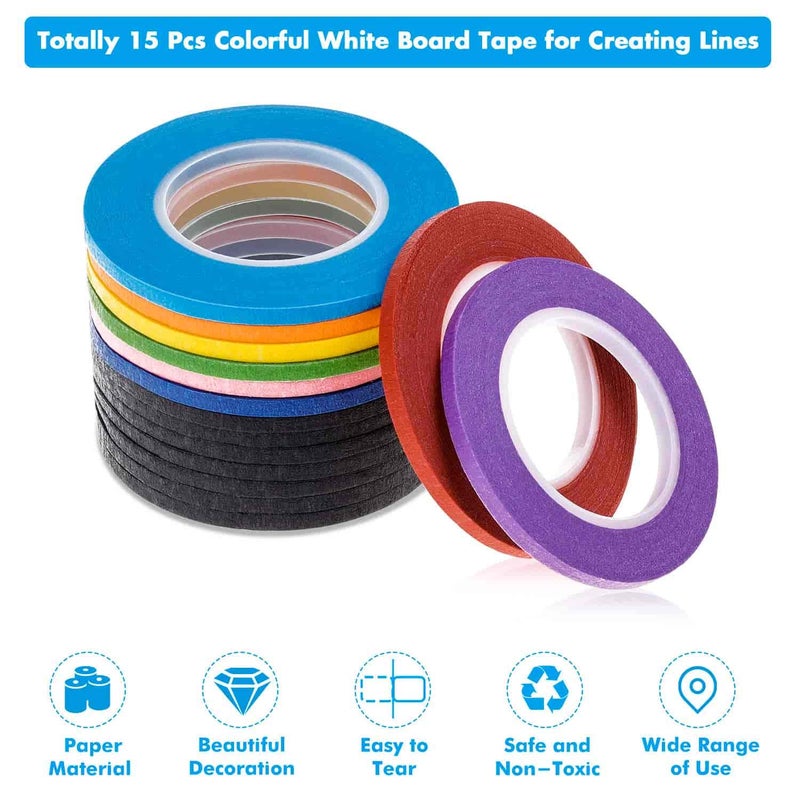 cridoz 15 Rolls 1/8 Whiteboard Thin Tape Pinstripe Art Tape Dry Erase Board Grid Tape Lines Pinstriping Electrical Marking Tape, Assorted Colors - Image 2