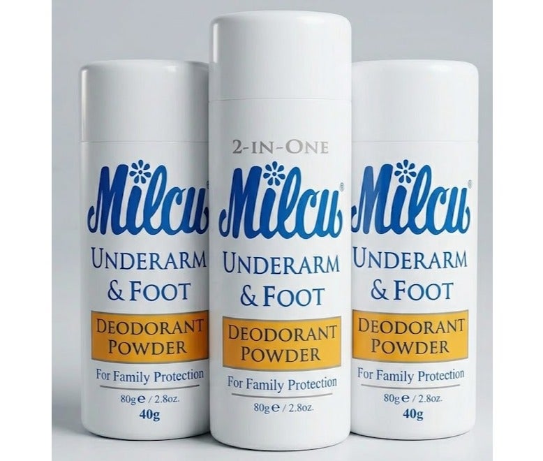 Milcu Underarm and Foot Deodorant Powder Value Pack - (1) 80g Bottle and (2) 40g Bottles, All-Natural 2-in-1 Family Protection
