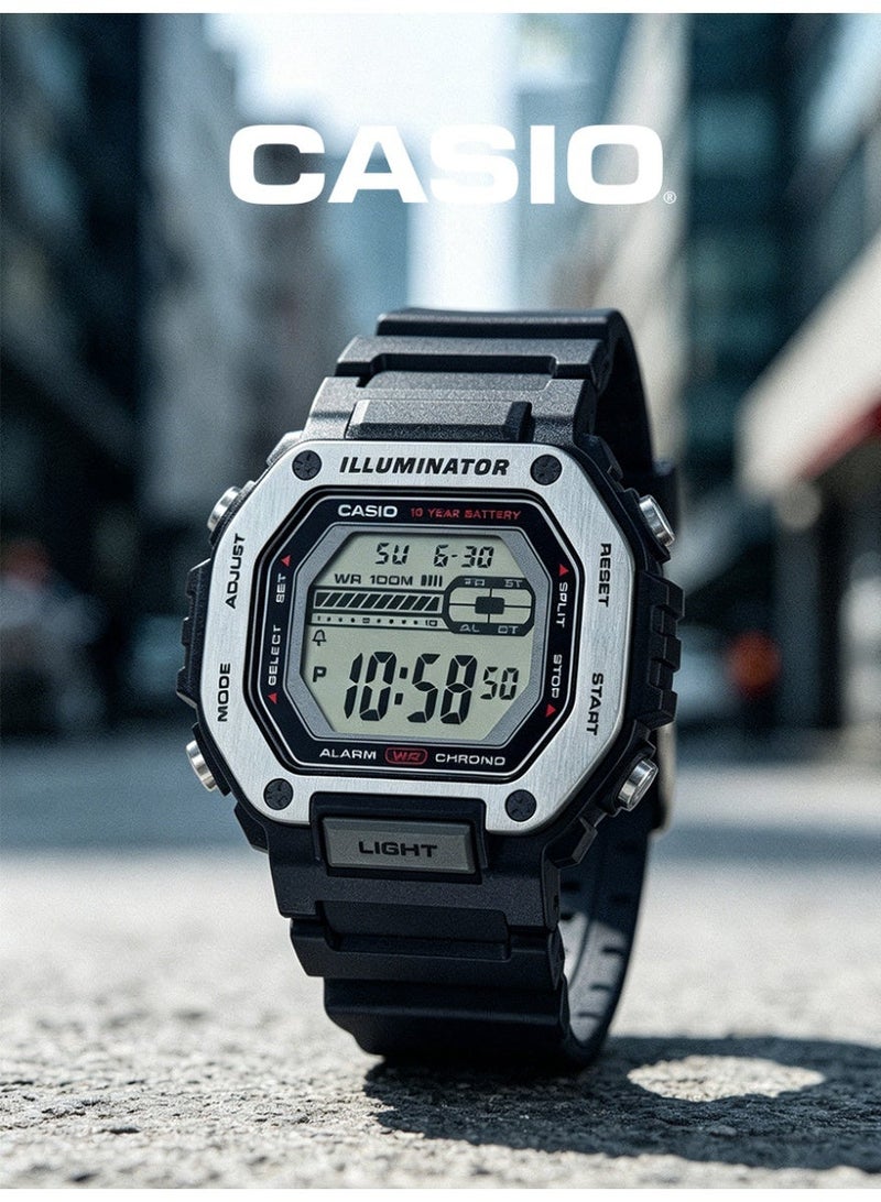 Casio Unisex Rugged Digital Square Sports Watch, Large Clear World Map LCD Screen, Matte Black Wave Resin Strap, LED Afterglow Backlight, 10ATM Water Resistant MWD-110H-1A - Image 1