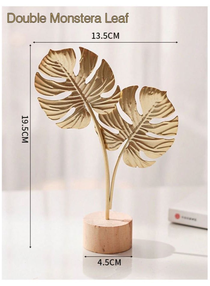 1pc Creative Golden ( Double Monstera Leaf ) Statue Abstract Art Sculpture Iron Gold Home Decor Collectible Figurines For Living Room, Entrance Table, Bookshelf, and Desk Decor 