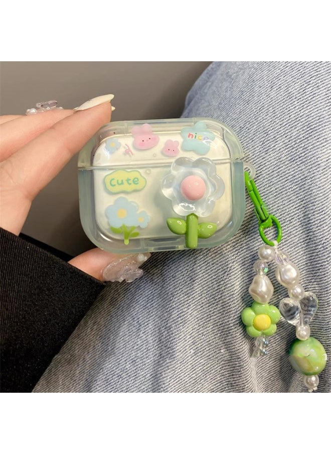 Generic Ins Small Fresh Green Flower Suitable For Airpods4 For Apple Pro2 Protective Case 3 Generation Silicone Soft Case For Earphones-Color:With Chain-Applicable Models:Airpods Pro  - Image 1