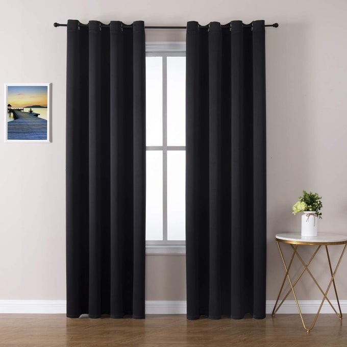 GROMMET BLACKOUT CURTAINS FOR BEDROOM AND LIVING ROOM 2 PANELS SET THERMAL INSULATED ROOM DARKENING CURTAINS BLACK 52 X 84 INCH