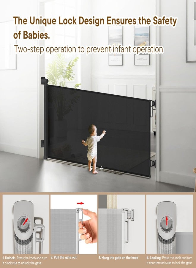BBsecure Retractable Baby Gate, 55" Wide Mesh Pet Gate with Anti-Crawling Hook, Safety Lock, One-Hand Operation, 34" Tall Baby Gate for Stairs, Doorways, Hallways, Garage, Indoor Outdoor, Black - Image 4