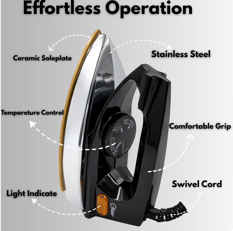 جليز مكواة كهربائية 1200 واط – مكواة ملابس قوية الاستخدام مع لوح سيراميك وفولاذ مقاوم للصدأ، تسخين سريع، تحكم بدرجة الحرارة قابلة للتعديل، مؤشر ضوئي، قبضة مريحة، سلك دوّار، وضمان 5 سنوات. - Image 5
