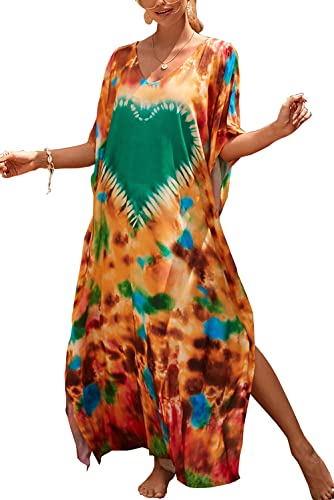 YouKD Women's Summer Long Kaftan Bohemian Loungewear Beach Cover Up MaxiDress SwimSuit, F Green Orange, One Size - Image 1