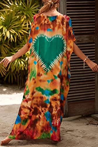 YouKD Women's Summer Long Kaftan Bohemian Loungewear Beach Cover Up MaxiDress SwimSuit, F Green Orange, One Size - Image 2