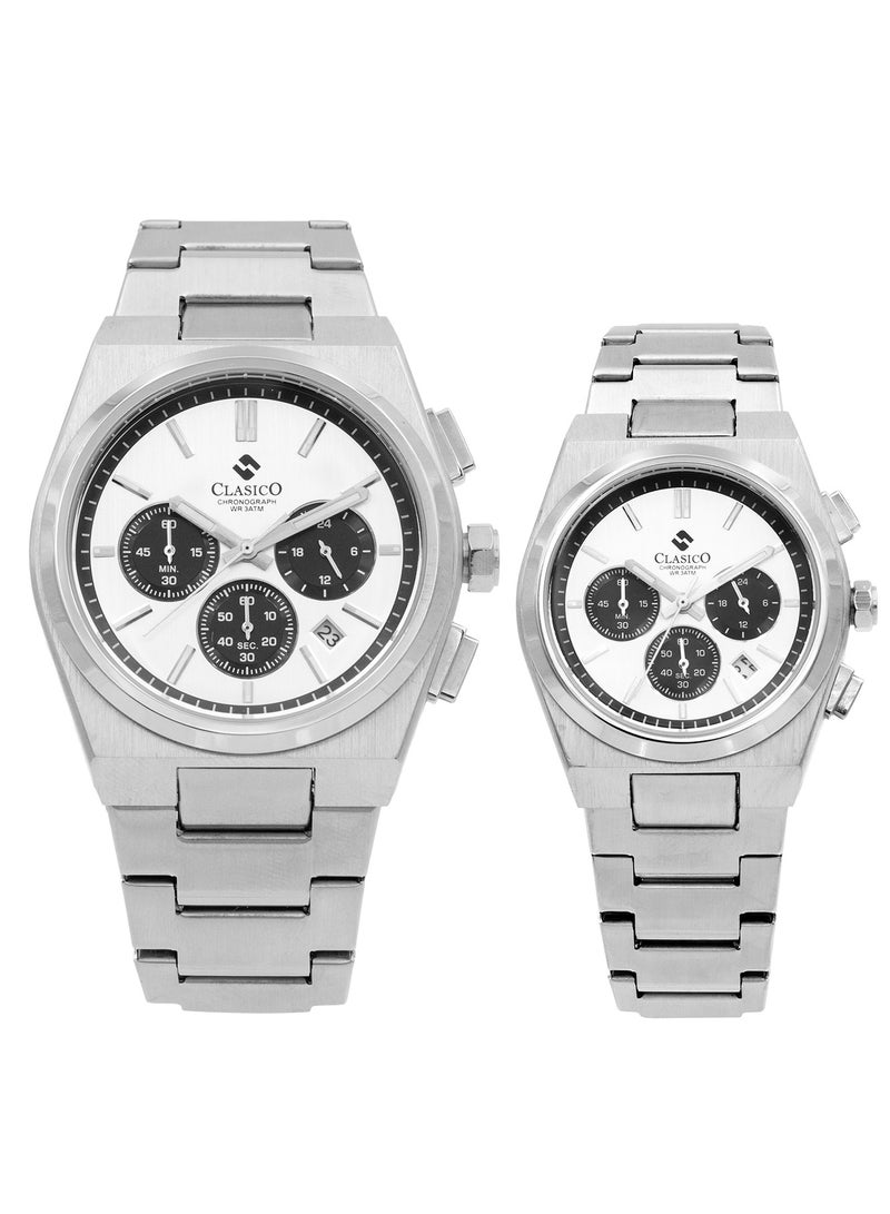 Clasico Eclipse Couple Edition – Silver Radiance with Dial Detailing – 6-Hands Chronograph Watch with Steel Strap – Waterproof Design – Watch Gift Set 40mm & 32mm  - Image 1