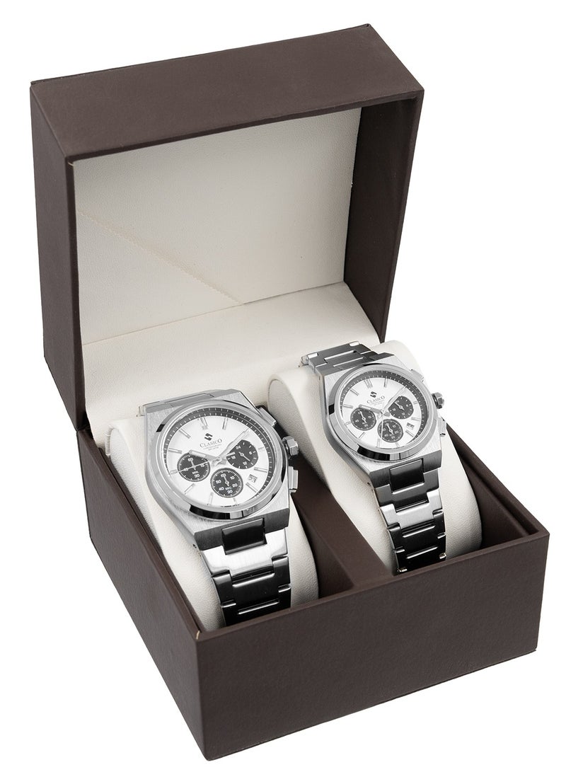 Clasico Eclipse Couple Edition – Silver Radiance with Dial Detailing – 6-Hands Chronograph Watch with Steel Strap – Waterproof Design – Watch Gift Set 40mm & 32mm  - Image 2