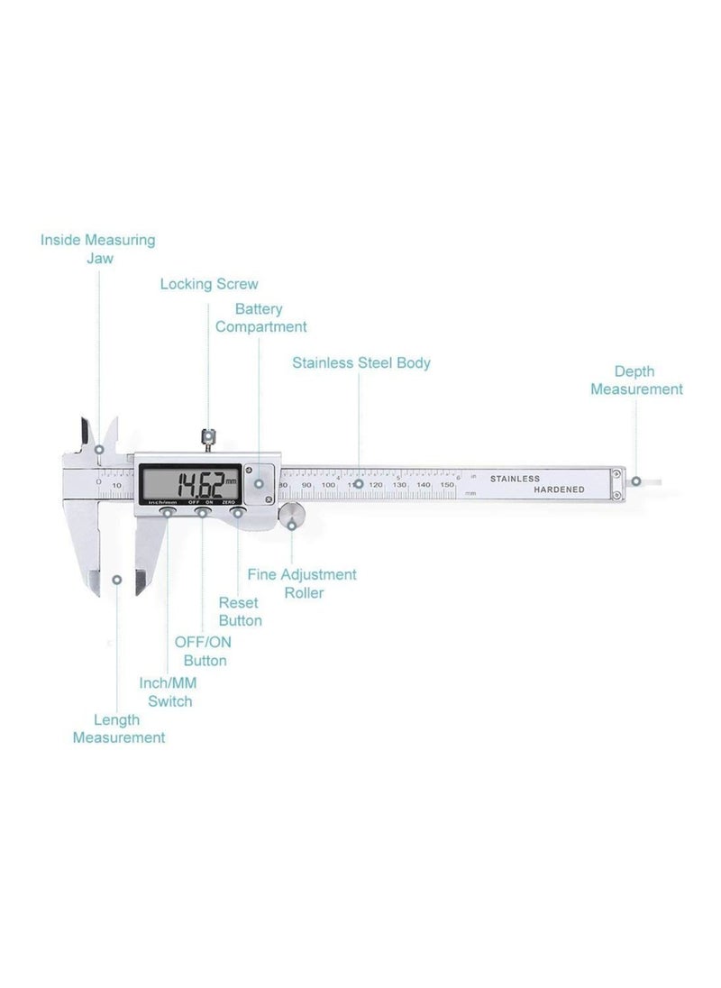 Generic - Digital Caliper 6 Inch Measuring Tool Stainless Steel Vernier Caliper Digital Micrometer with Large LCD Screen Auto-Off Feature Inch/Metric Conversion Measuring Tool Caliper - Image 1