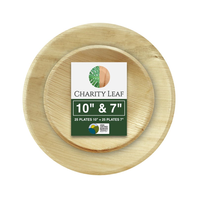 Charity Leaf 25Pack 10 Round  25Pack 7 Round Compostable Palm Leaf Plates  Perfect for Parties Weddings and Catering Events