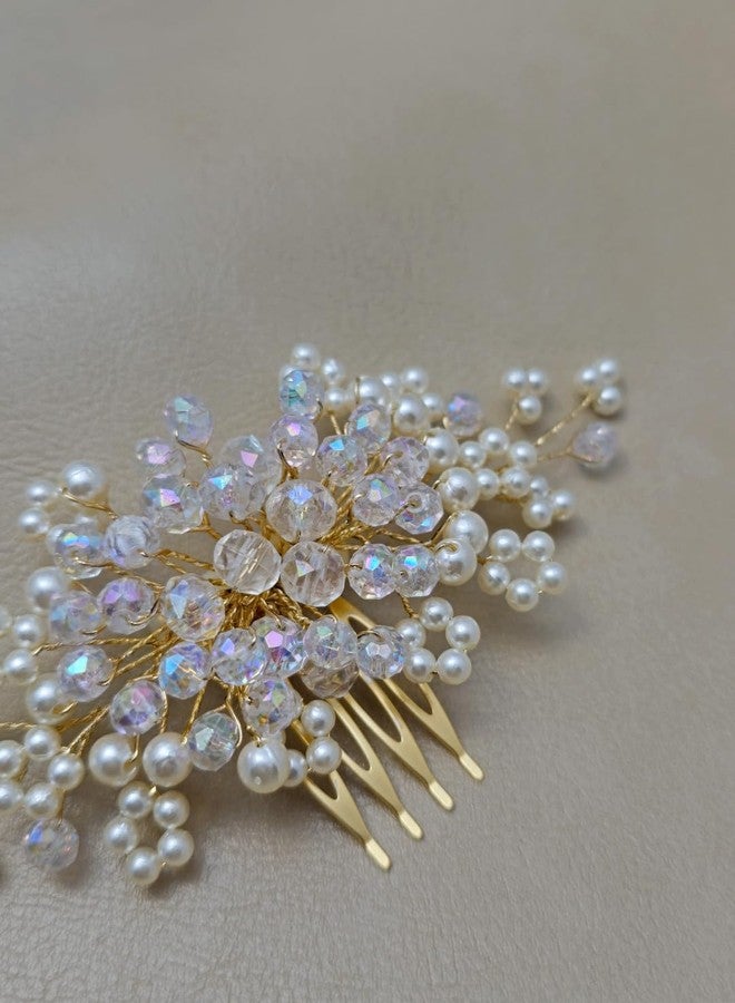 Twinsho Bridal Hair Comb with Pearl and Crystal Beads, Gold-Toned, Iridescent Wedding Flower Bud Pearl Hair Comb Accessories for Women - Image 3
