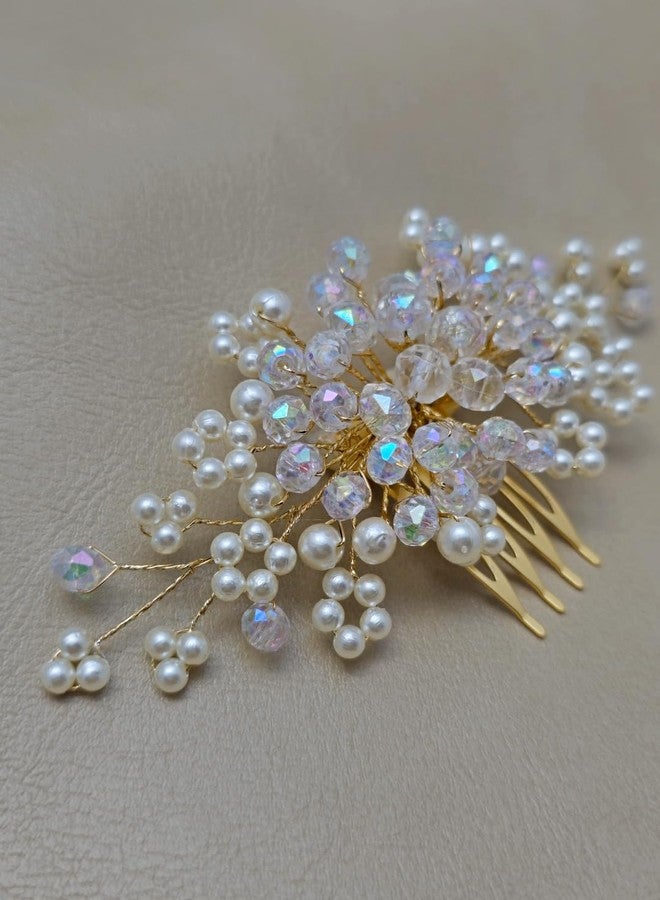Twinsho Bridal Hair Comb with Pearl and Crystal Beads, Gold-Toned, Iridescent Wedding Flower Bud Pearl Hair Comb Accessories for Women - Image 2