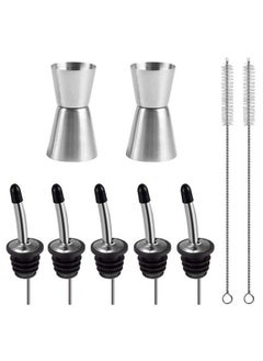 5 Pack Stainless Steel Liquor Pour Spouts Set & 2 Double Jiggers Sourceton 5 Liquor Pour Spouts + 5 Dust Caps Covers + 2 Cleaning Brush + 2 Double Jiggers For Cocktail Making