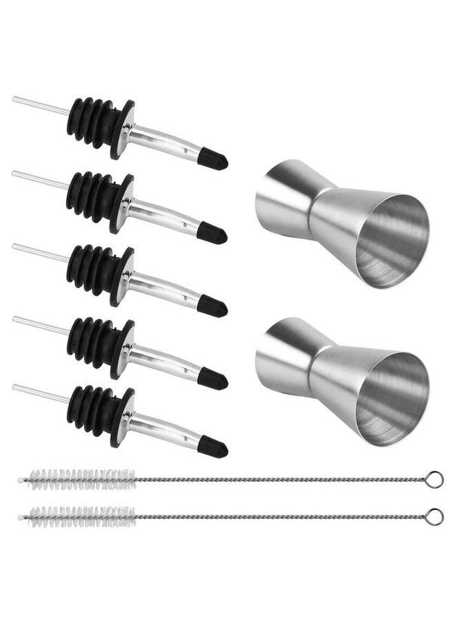 SourceTon - 5 Pack Stainless Steel Liquor Pour Spouts Set & 2 Double Jiggers Sourceton 5 Liquor Pour Spouts + 5 Dust Caps Covers + 2 Cleaning Brush + 2 Double Jiggers For Cocktail Making - Image 1
