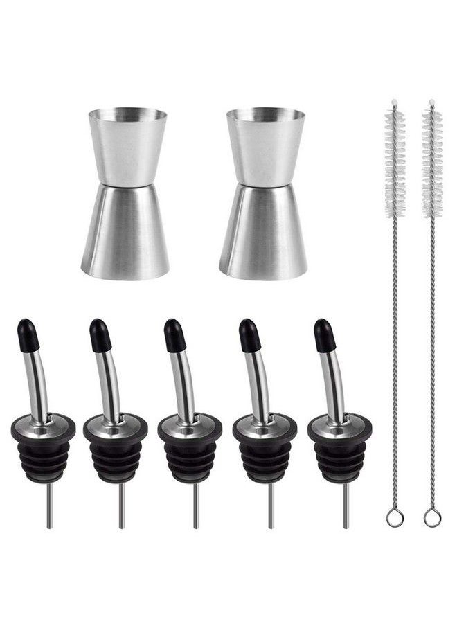 SourceTon - 5 Pack Stainless Steel Liquor Pour Spouts Set & 2 Double Jiggers Sourceton 5 Liquor Pour Spouts + 5 Dust Caps Covers + 2 Cleaning Brush + 2 Double Jiggers For Cocktail Making - Image 1