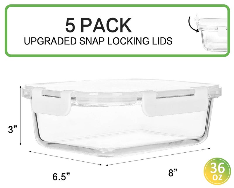 M MCIRCO [5-Packs, 36 Oz.] Glass Meal Prep Containers with Locking Lids Glass Food Containers,Airtight Lunch Container,Microwave, Oven, Freezer and Dishwasher (4.5 Cup, White) - Image 2