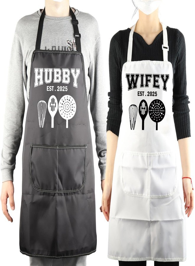 MBMSO Hubby Wifey Cooking Aprons for Couples Apron Sets Hubby and Wifey Est 2025 Wedding Gift for Newlywed His and Hers Apron (Hubby&Wifey Apron-Sets) - Image 2