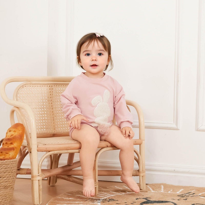 FOCUSNORM Easter Newborn Baby Girl Clothes Fuzzy Bunny Embroidery Romper Sweatshirt Bubble Jumpsuit Toddler Baby Girl Outfit (Easter Pink, 0-6 Months) - Image 4