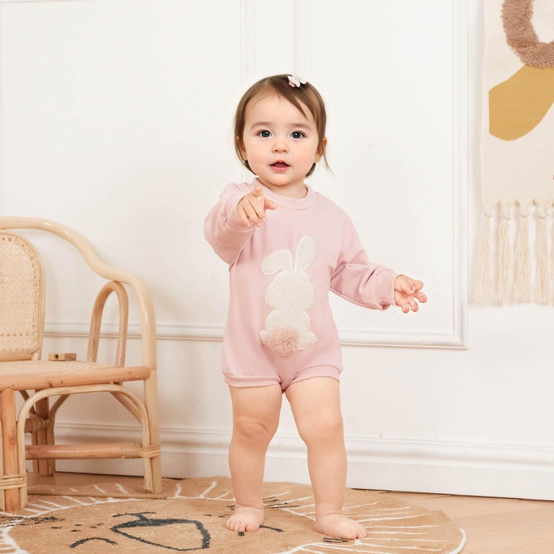 FOCUSNORM Easter Newborn Baby Girl Clothes Fuzzy Bunny Embroidery Romper Sweatshirt Bubble Jumpsuit Toddler Baby Girl Outfit (Easter Pink, 0-6 Months) - Image 2