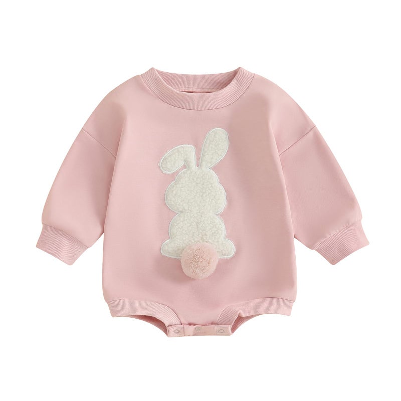 FOCUSNORM Easter Newborn Baby Girl Clothes Fuzzy Bunny Embroidery Romper Sweatshirt Bubble Jumpsuit Toddler Baby Girl Outfit (Easter Pink, 0-6 Months) - Image 1