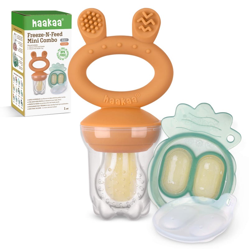 Haakaa Baby Fruit Food Feeder & Mini Freezer Nibble Tray Combo, Breastmilk Popsicle Molds for Baby Cooling Relief, BPA Free Silicone Feeder for Safe Infant Self Feeding, 4 Month+ (Pumpkin) - Image 1