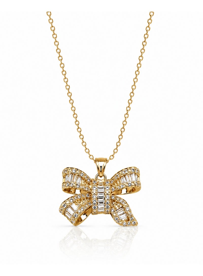 RAFAL Golden Bow Women's Gold-Tone Pendant Necklace with Baguette-Cut Clear Crystals - Image 1