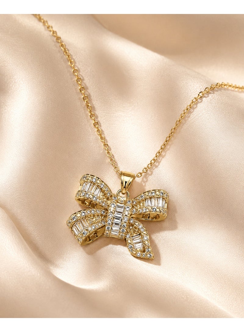 RAFAL Golden Bow Women's Gold-Tone Pendant Necklace with Baguette-Cut Clear Crystals - Image 3