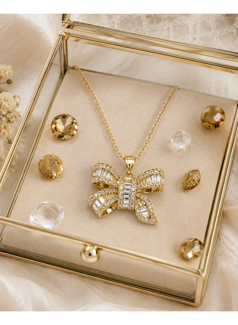 RAFAL Golden Bow Women's Gold-Tone Pendant Necklace with Baguette-Cut Clear Crystals - Image 4
