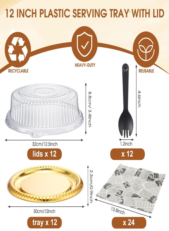 Nosiny 12 Pcs Plastic Serving Tray with Lid and Sporks 12 Inch Heavy Duty Catering Trays Food Serving Platter and 24pcs Deli Wax Paper Sheets for Banquet Picnic Christmas Party Supplies(12 Inch,Gold) - Image 2