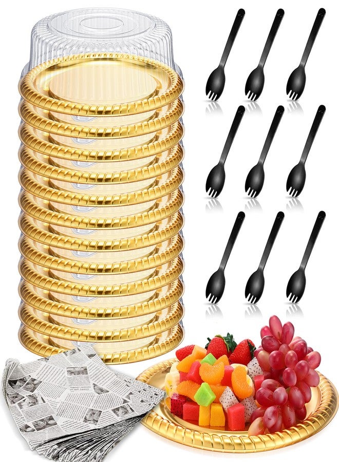Nosiny 12 Pcs Plastic Serving Tray with Lid and Sporks 12 Inch Heavy Duty Catering Trays Food Serving Platter and 24pcs Deli Wax Paper Sheets for Banquet Picnic Christmas Party Supplies(12 Inch,Gold) - Image 1