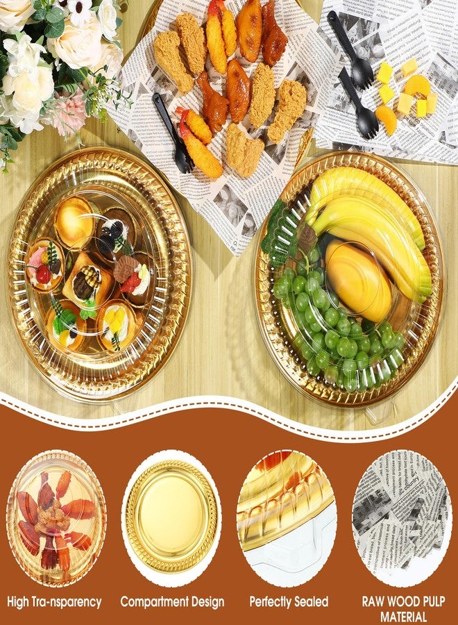 Nosiny 12 Pcs Plastic Serving Tray with Lid and Sporks 12 Inch Heavy Duty Catering Trays Food Serving Platter and 24pcs Deli Wax Paper Sheets for Banquet Picnic Christmas Party Supplies(12 Inch,Gold) - Image 3