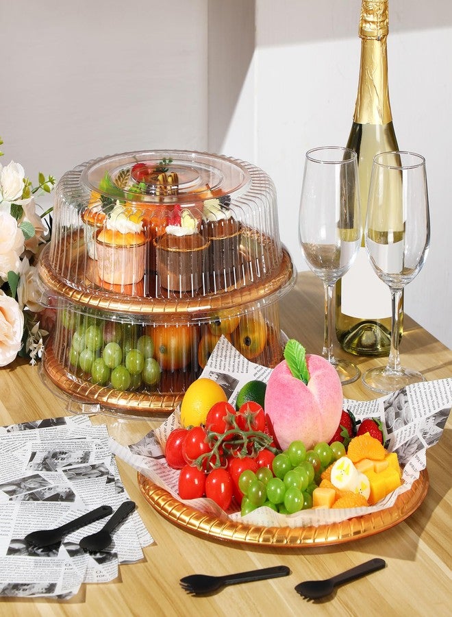 Nosiny 12 Pcs Plastic Serving Tray with Lid and Sporks 12 Inch Heavy Duty Catering Trays Food Serving Platter and 24pcs Deli Wax Paper Sheets for Banquet Picnic Christmas Party Supplies(12 Inch,Gold) - Image 5