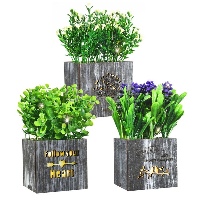 ARTIFICIAL PLANTS FLOWERS WITH NIGHTLIGHT POTTED FAKE PLANTS FOR HOME DECOR INDOOR GREENERY TABLETOP CENTERPIECES FOR OFFICE ROOM DECORATION 3 PACK