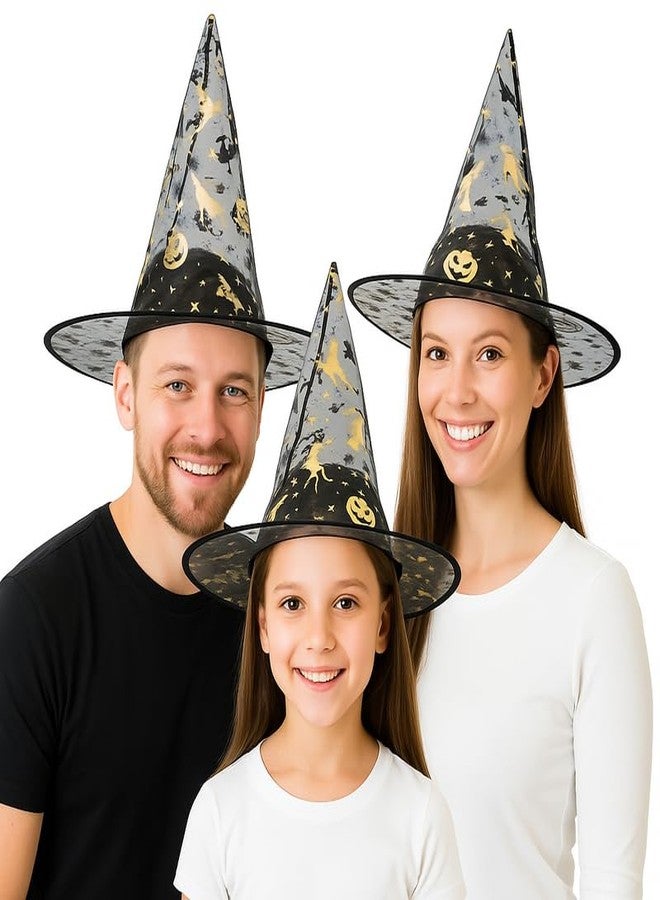 YUPPIN Witch Hats Pack of 3 - Multicolor Halloween Costume Hats with Golden Print for Kids & Adults - Image 2
