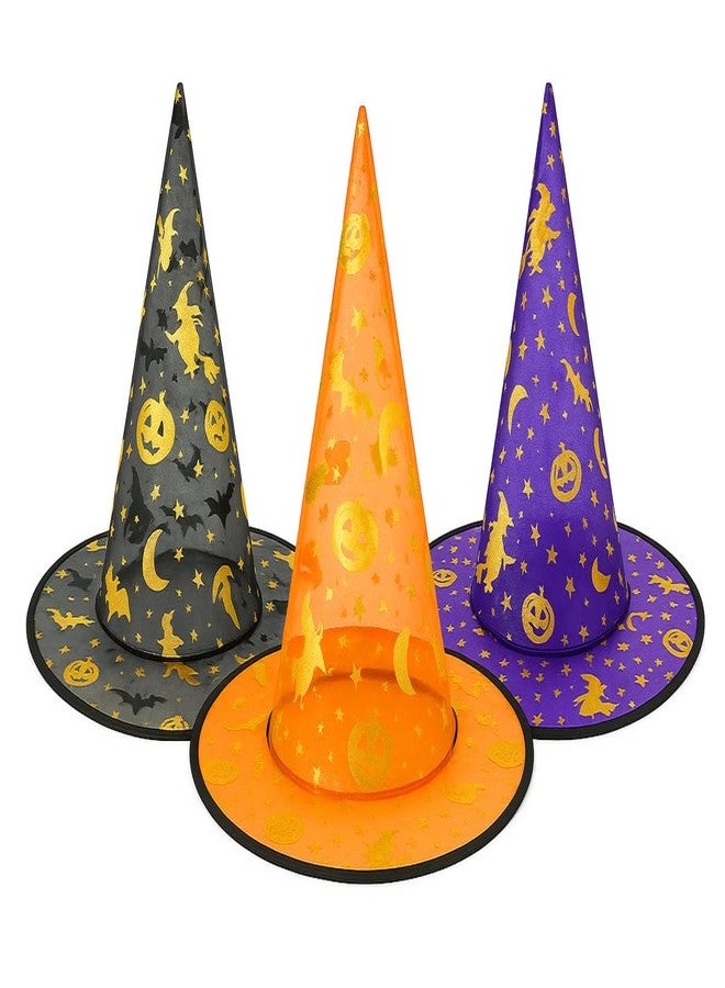 YUPPIN Witch Hats Pack of 3 - Multicolor Halloween Costume Hats with Golden Print for Kids & Adults - Image 1