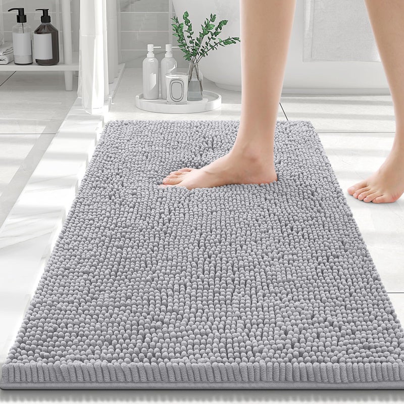 Smiry Luxury Chenille Bath Rug 30x20 Extra Soft and Absorbent Shaggy Bathroom Mat Rugs Machine Washable NonSlip Plush Carpet Runner for Tub Shower and Bath Room Light Grey
