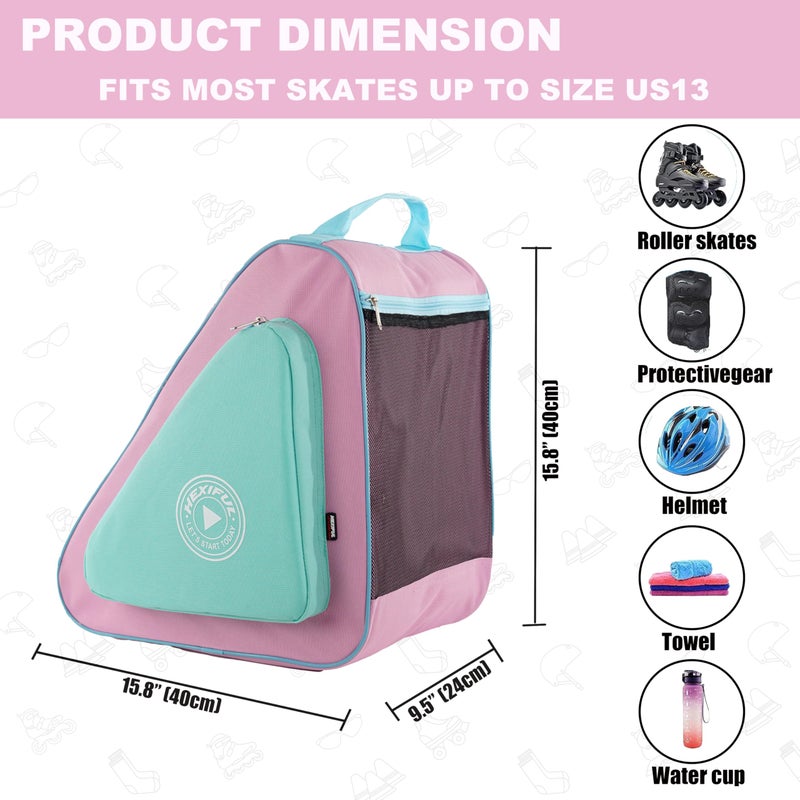 HEXIFUL Skate Bag to Carry Ice Skates, Inline Skates, Roller Skates and Quad Skates for Both Kids and Adults (Mint-Pink/Blue 025) - Image 4