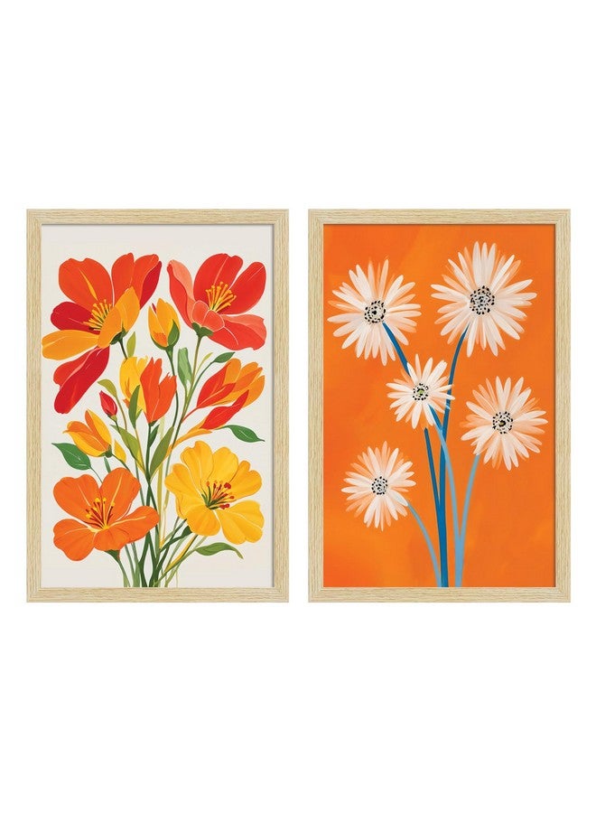 ArtX Paper Floral Art Paintings with Frame for Home Decor, Flowers Wall Painting for Living Room, Multicolor, Natural Wood Color Frames, Set of 2 - Image 3