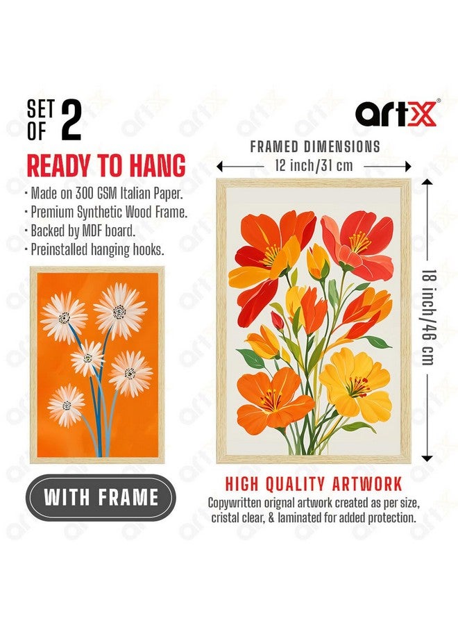 ArtX Paper Floral Art Paintings with Frame for Home Decor, Flowers Wall Painting for Living Room, Multicolor, Natural Wood Color Frames, Set of 2 - Image 2