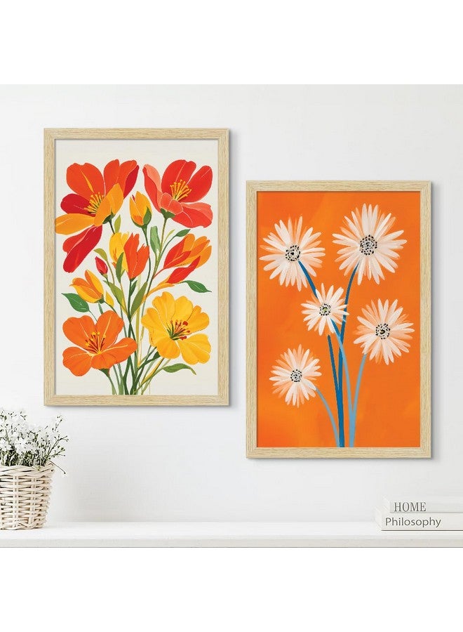 ArtX Paper Floral Art Paintings with Frame for Home Decor, Flowers Wall Painting for Living Room, Multicolor, Natural Wood Color Frames, Set of 2 - Image 1