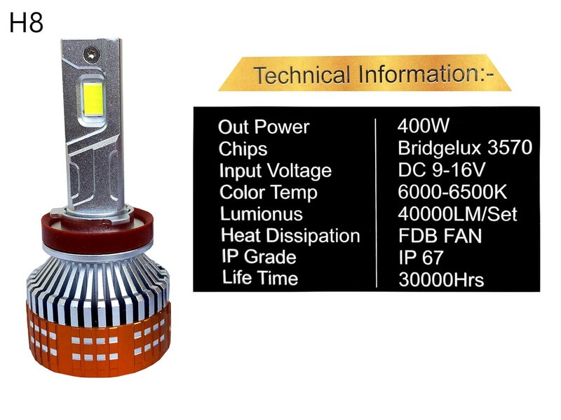 autofriend مصباح أمامي LED، H/8، H/11، 400 واط، 40000 لومن، 6000 كلفن أبيض بارد، IP67 مقاوم للماء (af-400w-H8) - Image 3