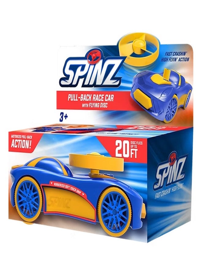 Spinz Race Car with Flying Disc Launcher, Pull Back Bumper Toy Racer, Kids, Boys, Girls Gift, Yellow & Blue, Ages 3+ - Image 1