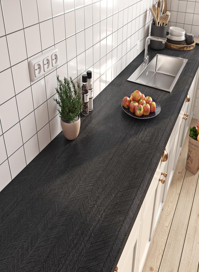 ReWallpaper ورق جدران خشبي أسود من ReWallpaper قابل للتقشير واللصق، ورق جدران مقاوم للماء من الخشب الداكن، ورق جدران لاصق ذاتي اللصق من الفينيل لسطح طاولة المطبخ، مقاس 17.7×78.7 بوصة - Image 4