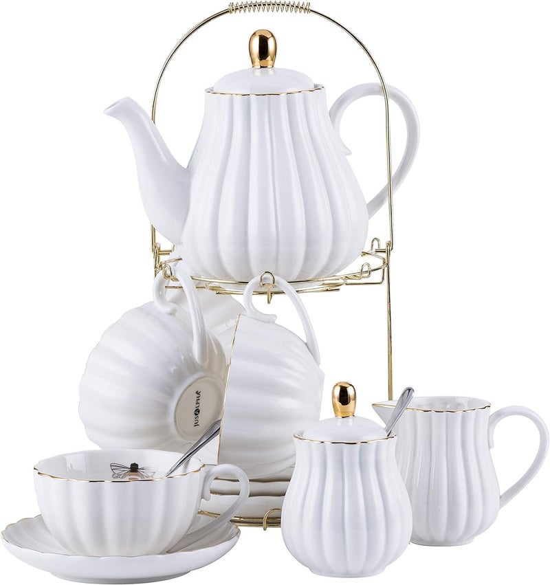 Jusalpha Porcelain Tea Set 8 OZ White Coffee CupTeacup Saucer Spoons Teapot and Creamer set 17Pieces FDTW17PC SET White