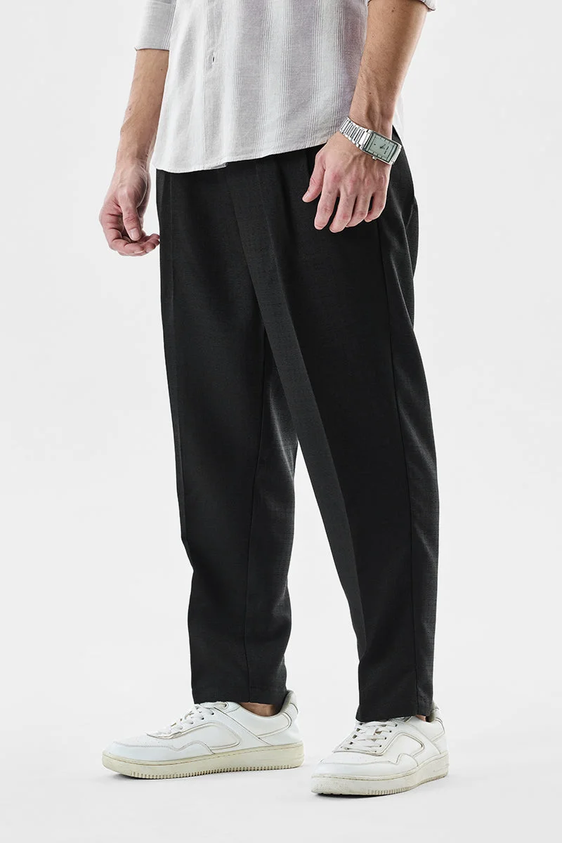 SNITCH Black Textured Regular Fit Casual Trousers